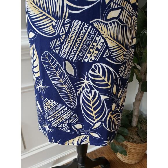 Marianne Sheath Dress Women 1X Blue White Leaf Print Stretch Pleated Halter Neck - Picture 9 of 12